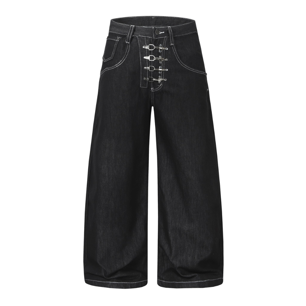 Black Lace-Up Wide-Leg Jeans