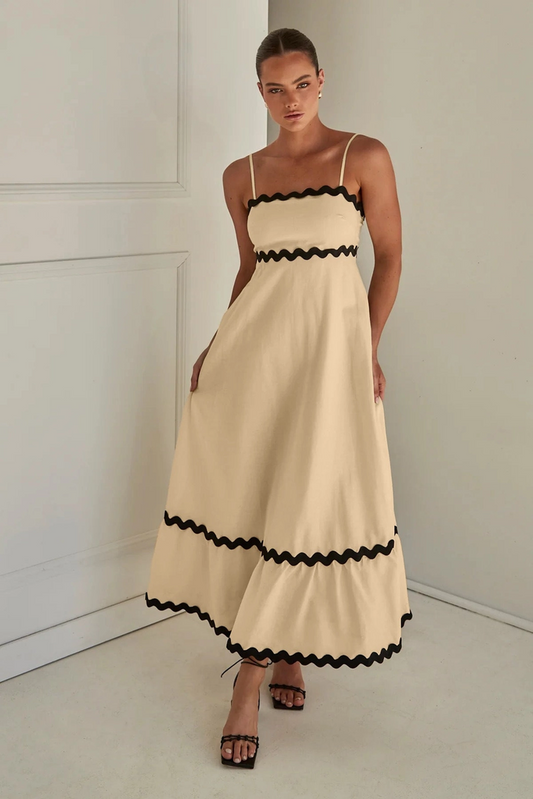 Elegant Boho Maxi Dress – Beige with Black Trim