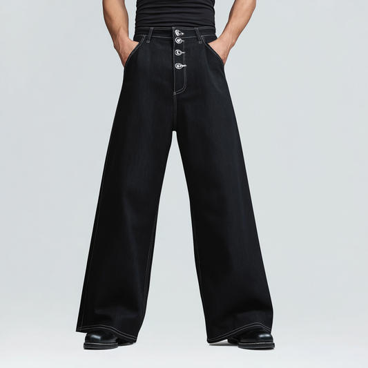 Black Lace-Up Wide-Leg Jeans