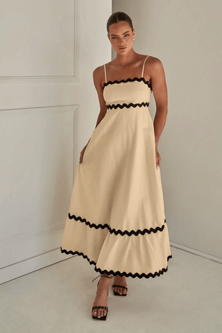Elegant Boho Maxi Dress – Beige with Black Trim